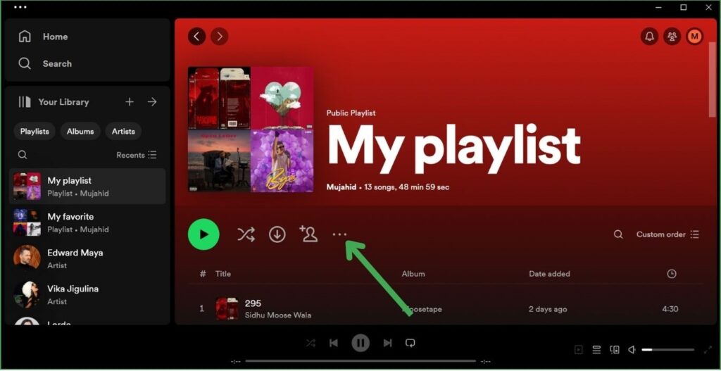 Spotify Playlist Three dots icon on Desktop