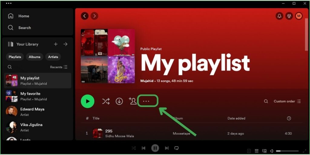 Spotify Playlist Three dots icon on PC