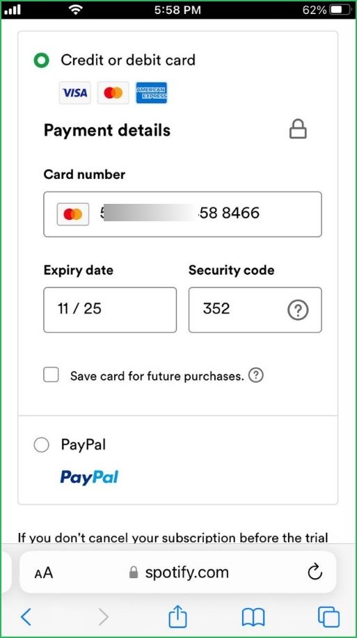 Spotify Payments details